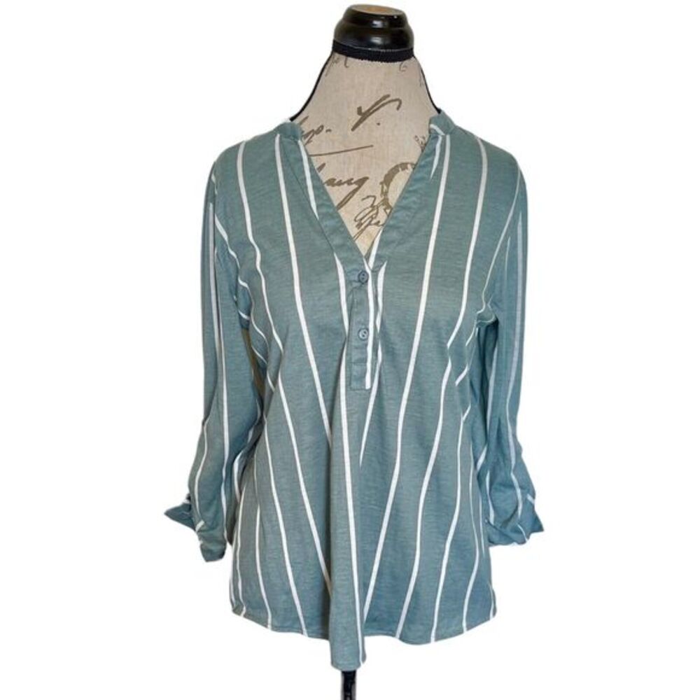 Love Potion Womens Blouse Size Small Green Striped Rolled Tab Popover Preppy